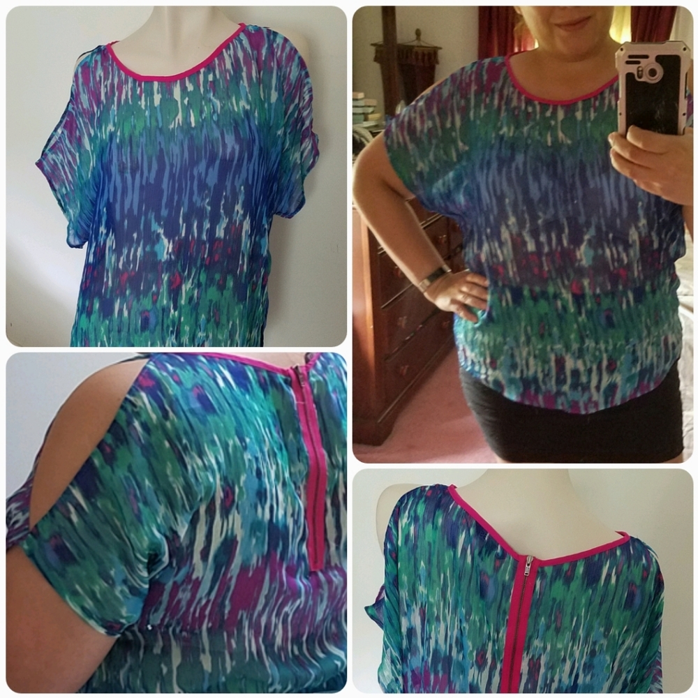 Sheer Cold Shoulder Top - Blue/Pink
